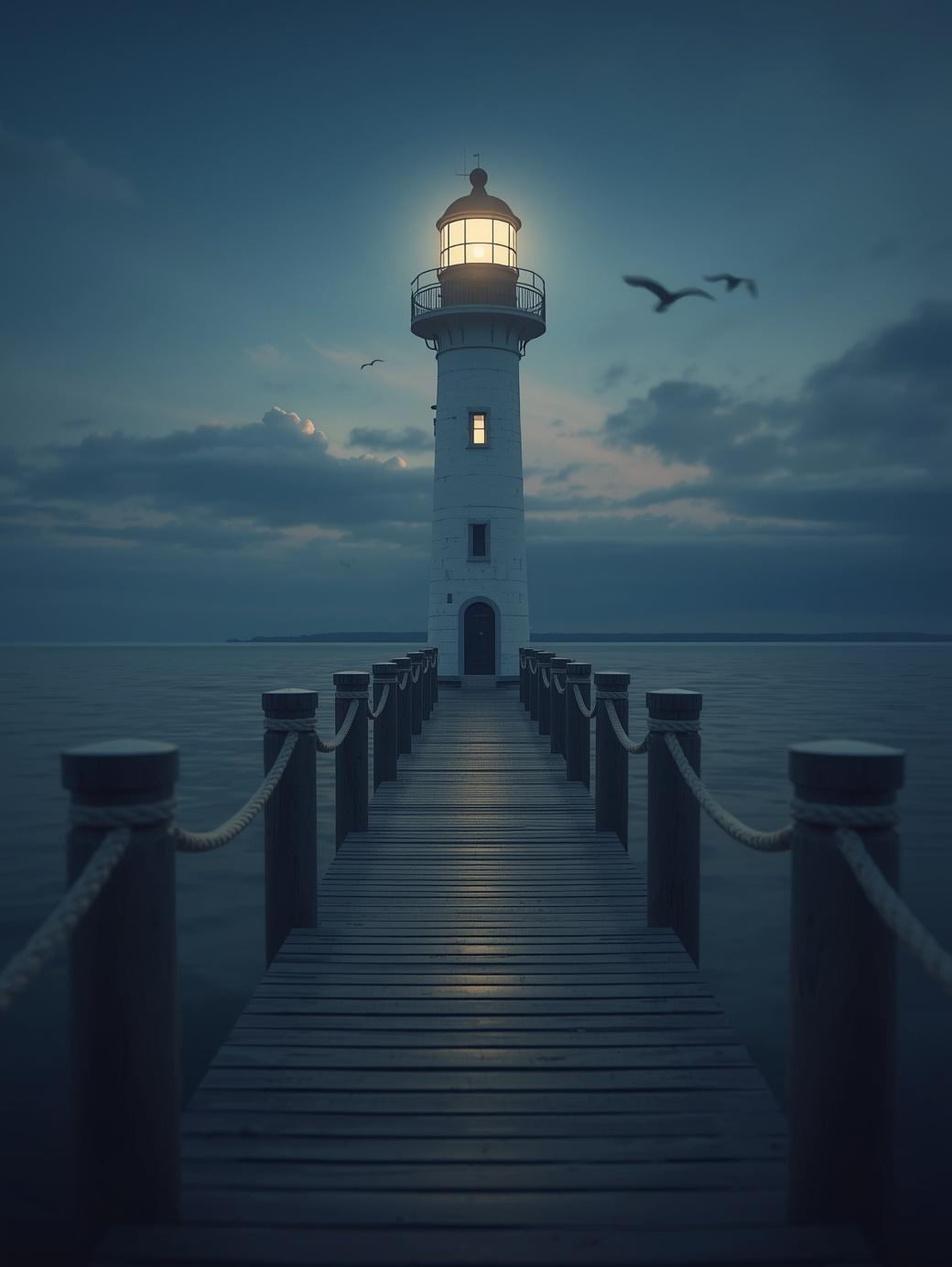 Paint by Number Lighthouse at End of Pier with Calm Water and Evening Sky – Paint by Number Canvas Art Kit