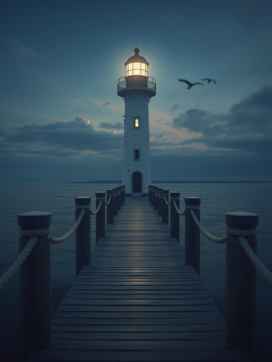 Paint by Number Lighthouse at End of Pier with Calm Water and Evening Sky – Paint by Number Canvas Art Kit
