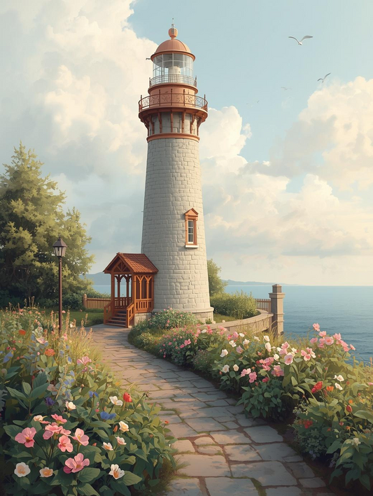 Paint by Number Lighthouse Garden Path with Blooming Coastal Flowers – Paint by Number Kit for Adults