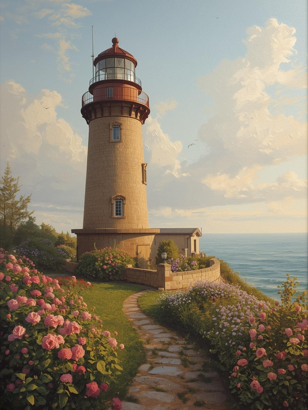Paint by Number Lighthouse with Rose Garden and Ocean View Path – DIY Paint by Number Kit