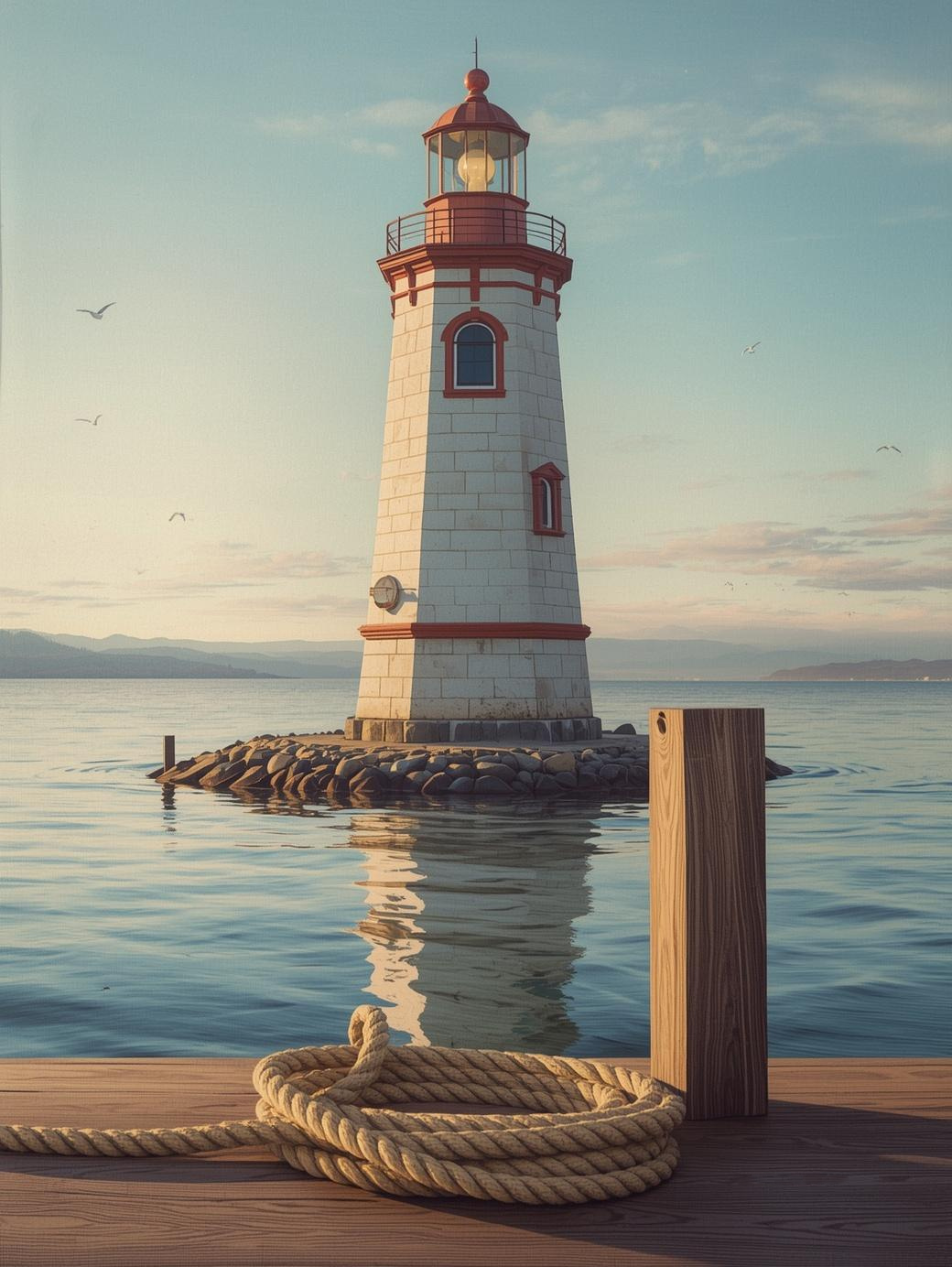 Paint by Number Coastal Lighthouse Reflections with Dock and Calm Water – Paint by Number Canvas Kit