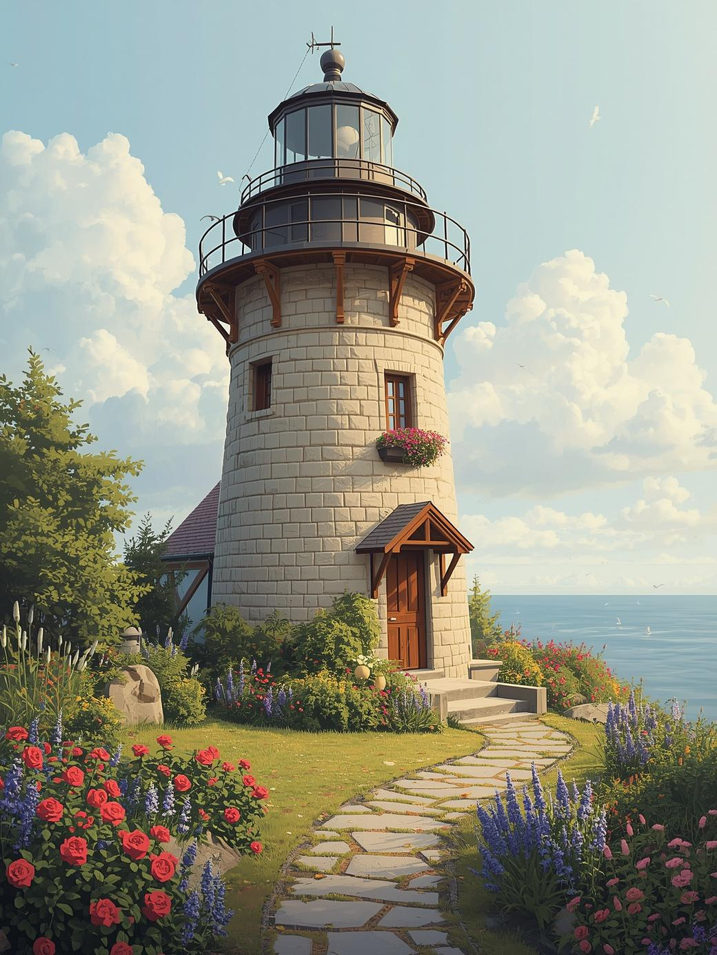Paint by Number Lighthouse Cottage Garden with Vibrant Coastal Flowers – Paint by Number Canvas Art Kit