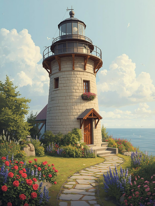 Paint by Number Lighthouse Cottage Garden with Vibrant Coastal Flowers – Paint by Number Canvas Art Kit