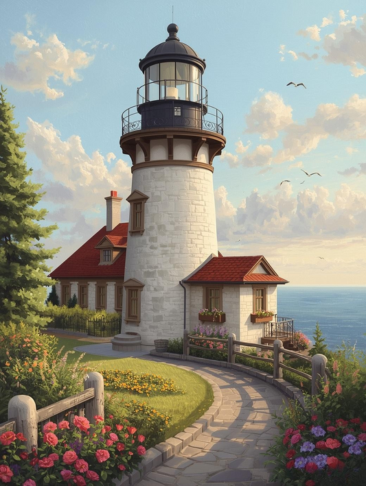 Paint by Number Coastal Lighthouse Home with Flower Garden and Ocean View – Paint by Number Canvas Kit