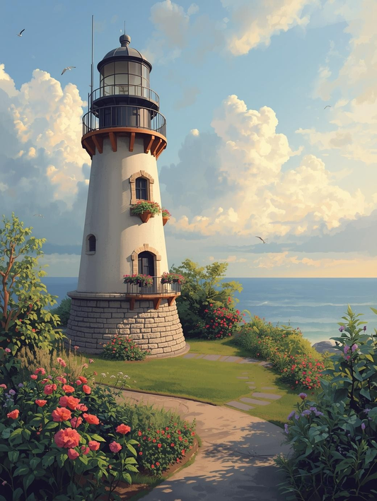Paint by Number Classic Coastal Lighthouse with Flower Garden and Ocean Horizon – Paint by Number Art Kit
