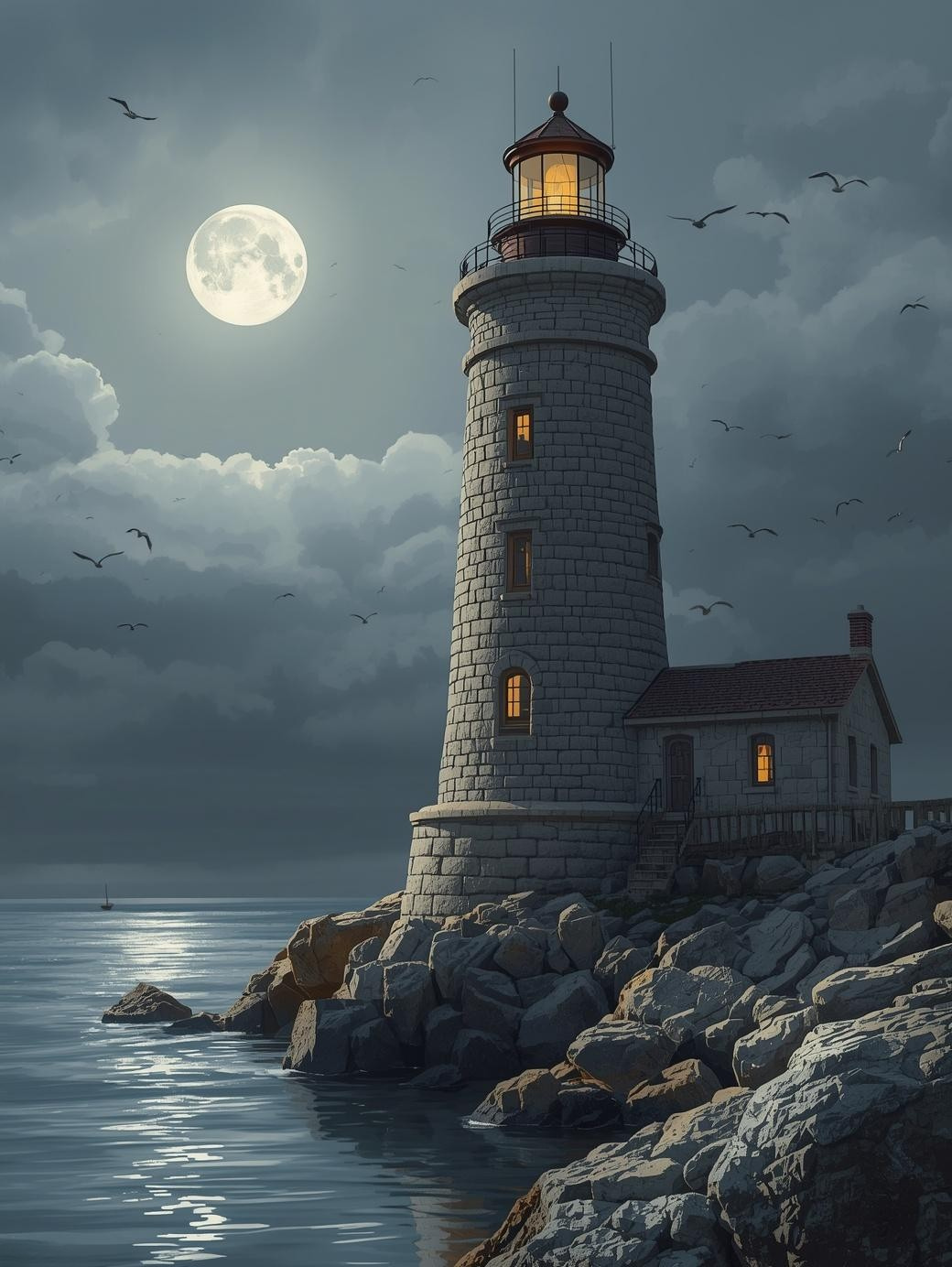 Paint by Number Moonlit Stone Lighthouse with Ocean Reflection – Paint by Number Canvas Kit