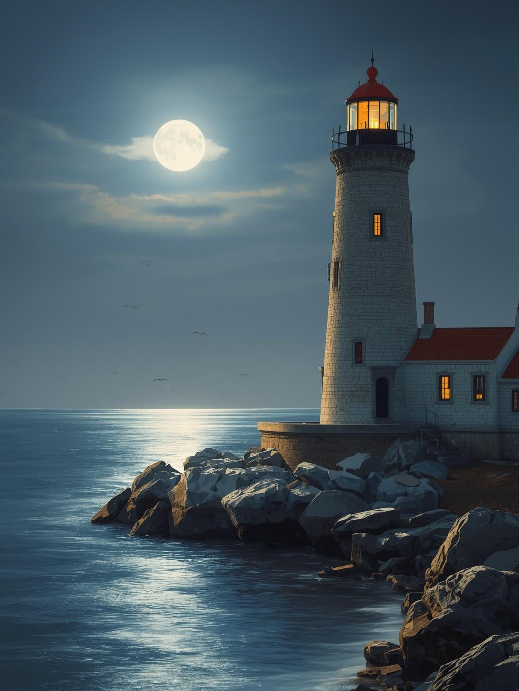 Paint by Number Coastal Lighthouse Under Full Moon with Calm Ocean – DIY Paint by Number Kit