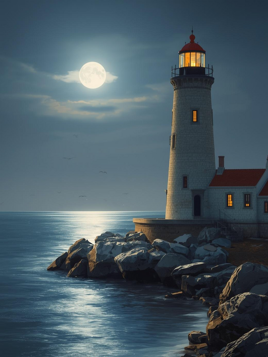 Paint by Number Coastal Lighthouse Under Full Moon with Calm Ocean – DIY Paint by Number Kit