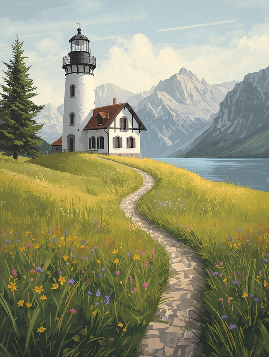Paint by Number Mountain Meadow Lighthouse Cottage with Scenic Path – Paint by Number Art Kit