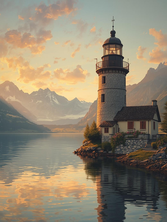 Paint by Number Lakeside Lighthouse Cottage at Warm Evening Glow – Paint by Number Kit for Adults