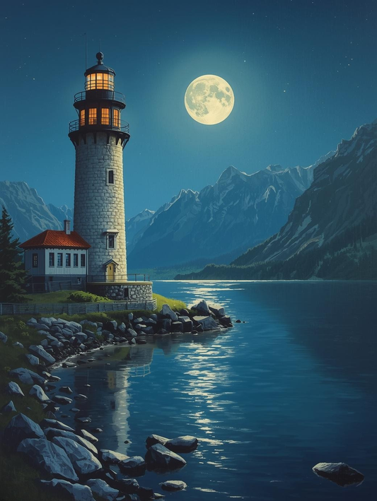 Paint by Number Moonlit Mountain Lighthouse with Shimmering Lake – Paint by Number Canvas Kit