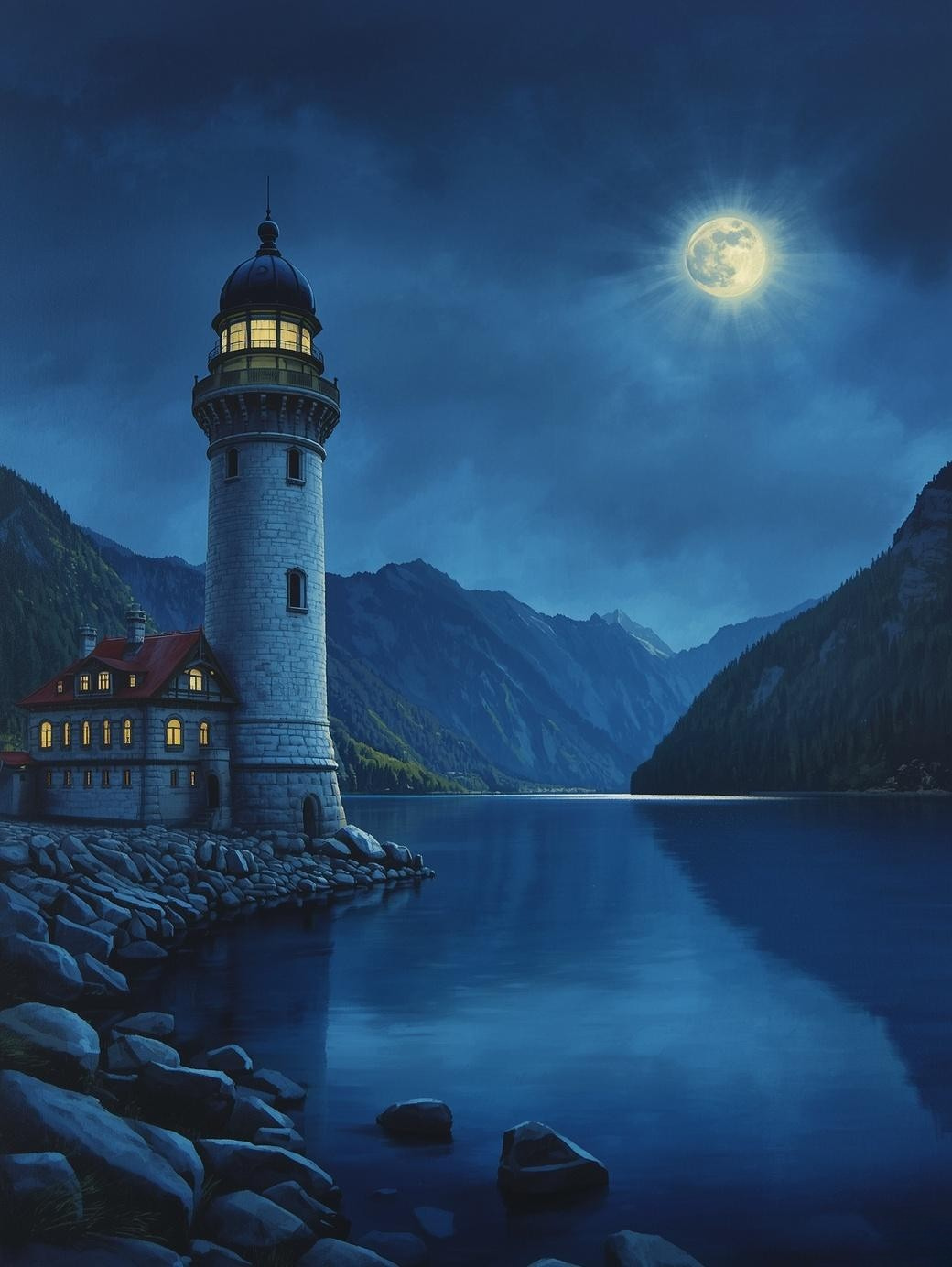 Paint by Number Midnight Alpine Lighthouse Under Radiant Full Moon – DIY Canvas Kit