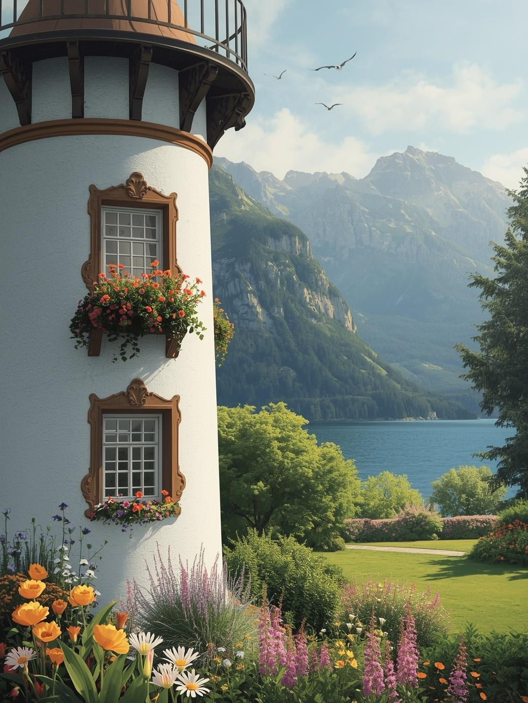 Paint by Number Lighthouse Garden View with Blooming Window Boxes – Relaxing Art Kit