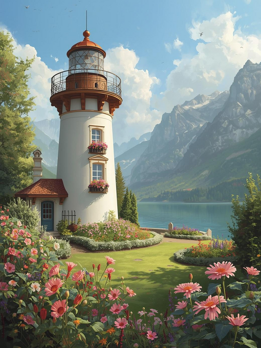 Paint by Number Sunny Lighthouse Garden by Mountain Lake – Adult Painting Kit