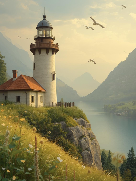 Paint by Number Golden Valley Lighthouse Overlooking Tranquil Lake – DIY Art Kit