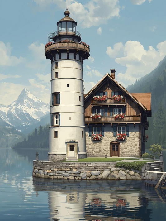 Paint by Number Lakeside Lighthouse Chalet with Alpine Reflections – Premium Canvas Kit