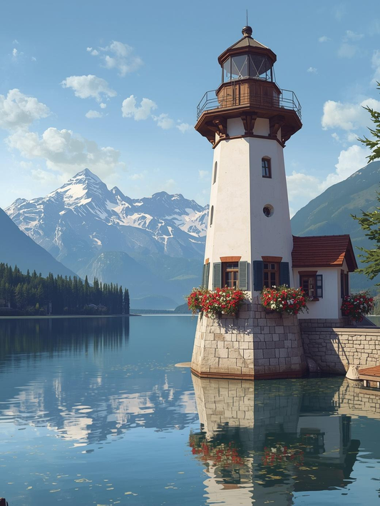 Paint by Number Alpine Reflection Lighthouse with Mountain Lake – DIY Canvas Kit