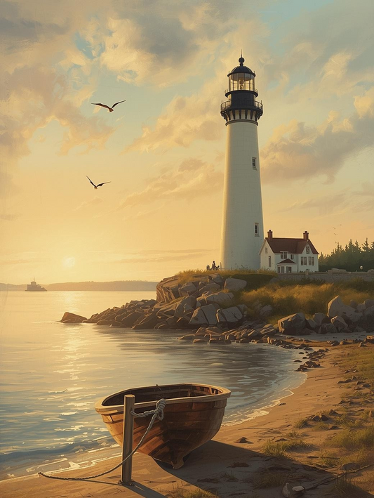 Paint by Number Seaside Lighthouse with Wooden Boat at Golden Hour – DIY Art Kit