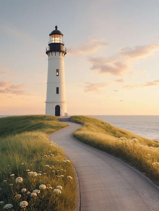 Paint by Number Peaceful Pathway Lighthouse by the Sea – Premium Canvas Kit