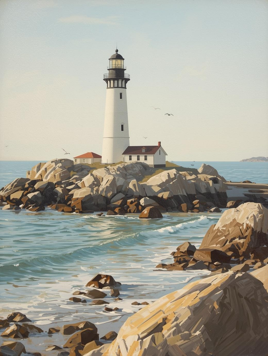 Paint by Number Coastal Beacon Lighthouse on Rocky Shore – Ocean Waves Canvas Kit