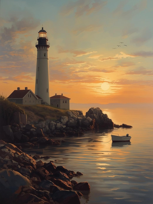Paint by Number Sunset Cove Lighthouse with Quiet Fishing Boat – Relaxing Art Kit