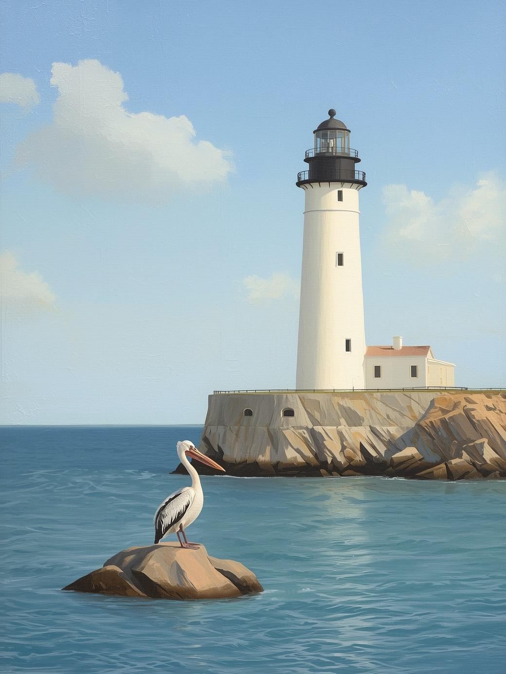 Paint by Number Tranquil Ocean Lighthouse with Resting Pelican – Coastal Canvas Kit