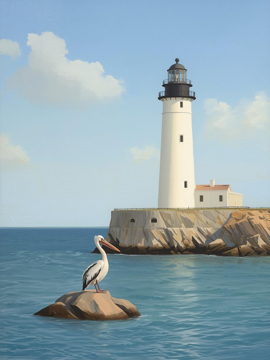 Paint by Number Tranquil Ocean Lighthouse with Resting Pelican – Coastal Canvas Kit