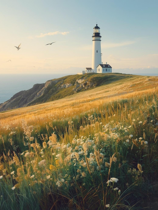 Paint by Number Coastal Meadow Lighthouse with Wildflowers – DIY Canvas Kit for Adults