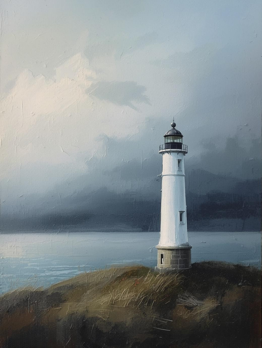 Paint by Number Foggy Shore Lighthouse with Moody Sky – DIY Canvas Kit for Adults