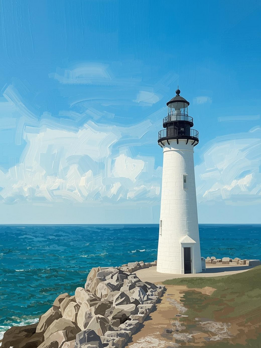 Paint by Number Ocean Point Lighthouse with Bright Blue Sky – Coastal DIY Kit for Adults
