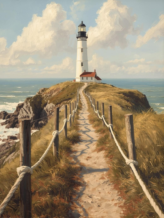 Paint by Number Cliffside Path Lighthouse with Rope Fence – DIY Canvas Kit for Adults