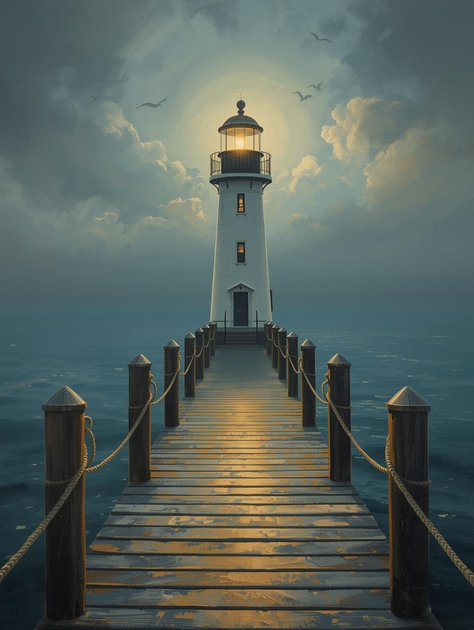 Paint by Number Pier Lighthouse with Glowing Light at Dusk – DIY Canvas Kit for Adults