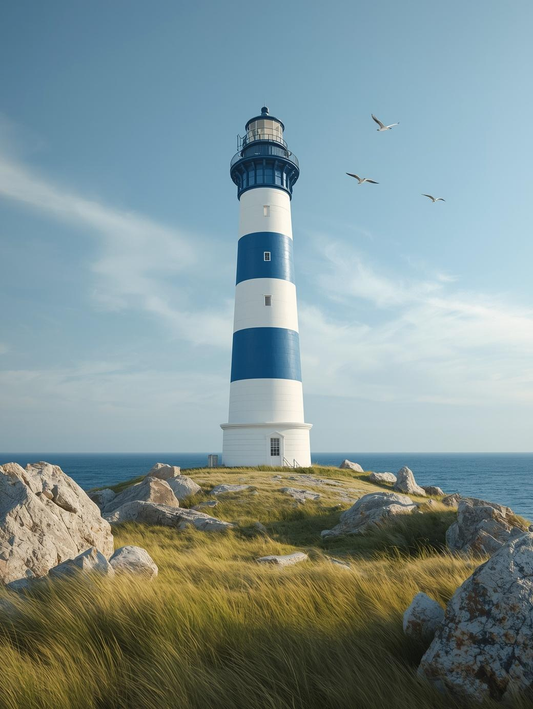 Paint by Number Blue Stripe Lighthouse on Rocky Shore – Coastal Art Kit