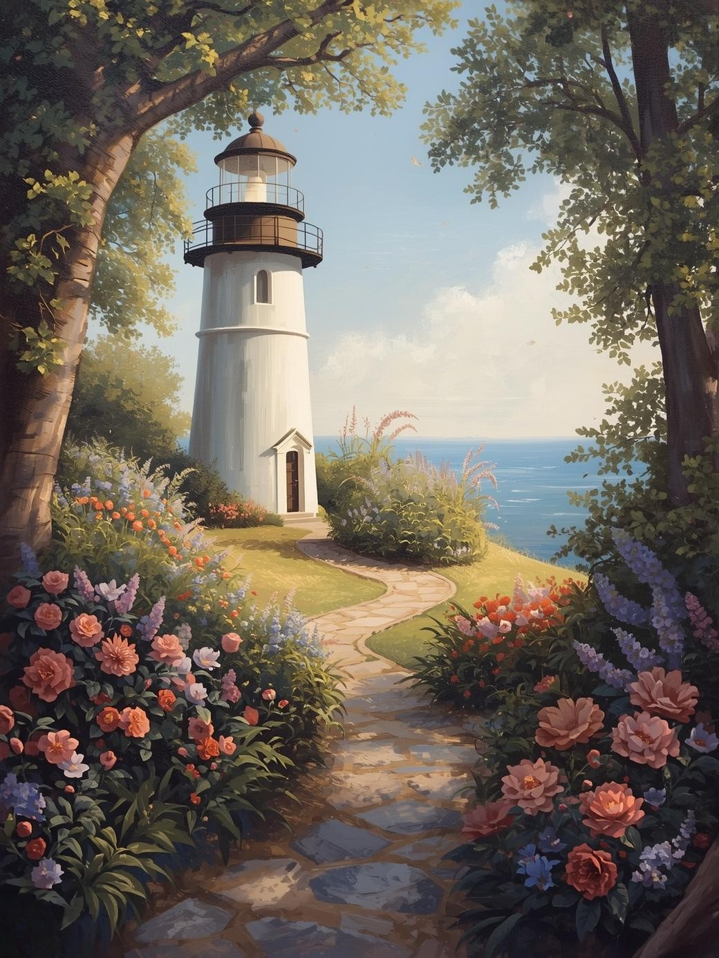 Paint by Number Lighthouse Garden Path with Blooming Flowers – Coastal Art Kit