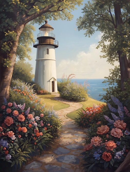 Paint by Number Lighthouse Garden Path with Blooming Flowers – Coastal Art Kit