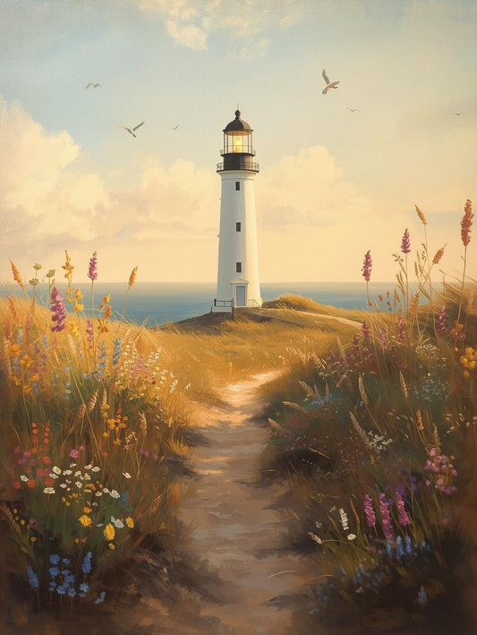 Paint by Number Golden Coastal Lighthouse with Wildflowers – for Adults