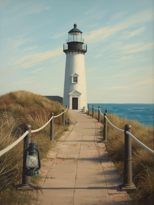 Paint by Number Seaside Lighthouse Path with Rope Fence – DIY Canvas Kit