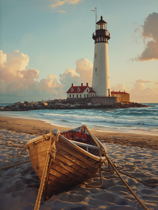 Paint by Number Coastal Lighthouse with Wooden Boat – for Adults