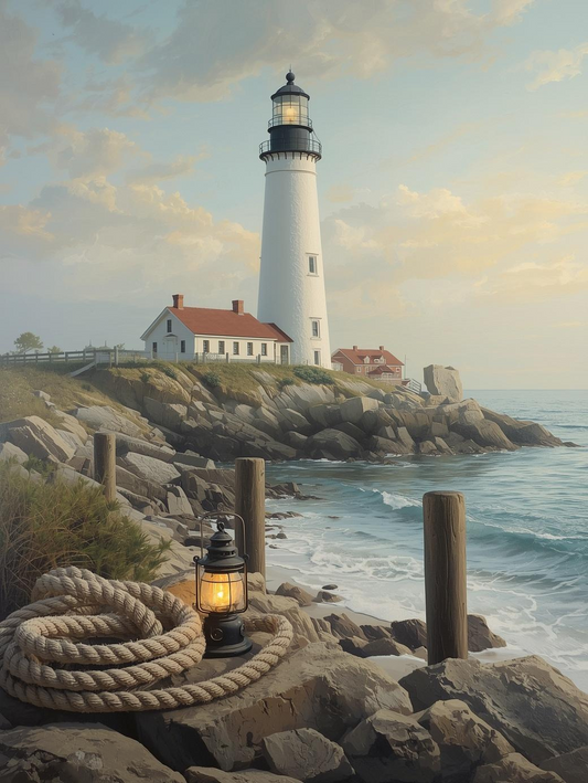 Paint by Number Rocky Shore Lighthouse with Lantern and Rope – Coastal Art Kit