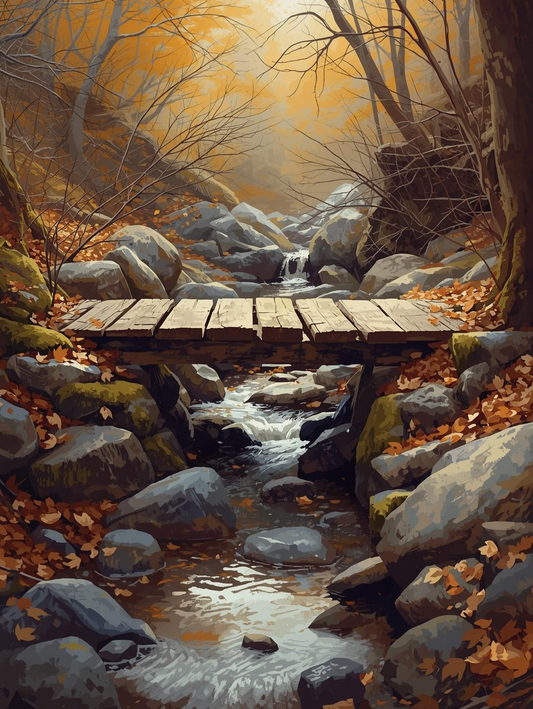 Paint by Number Autumn Mountain Stream with Wooden Bridge - DIY Canvas Paint by Number Kit