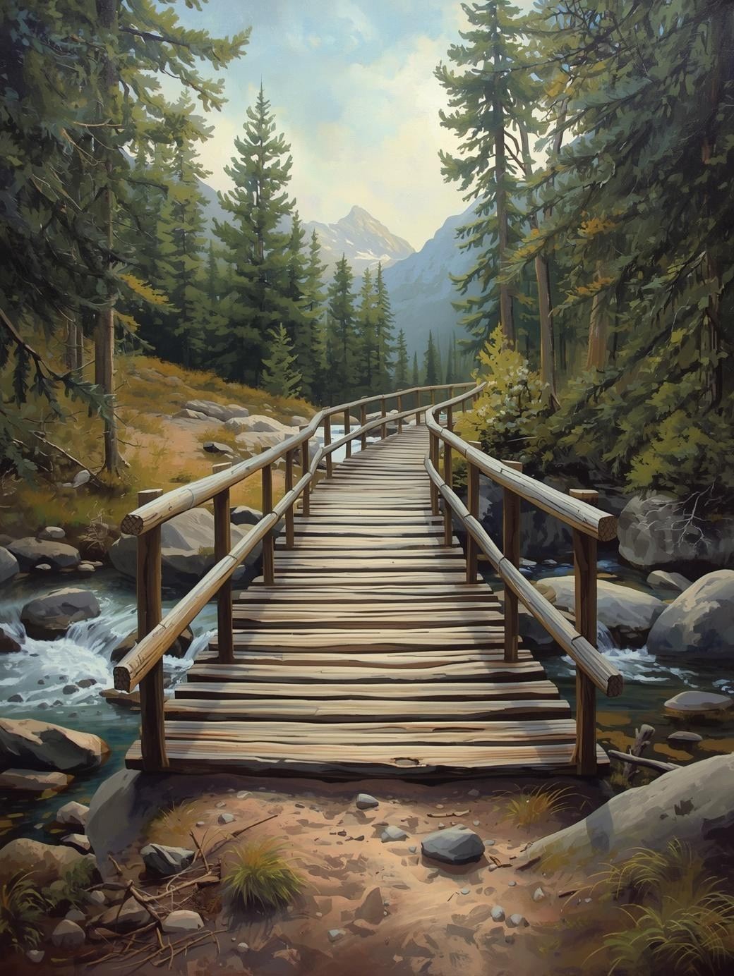 Paint by Number Rustic Mountain Bridge Crossing - DIY Canvas Paint by Number Kit