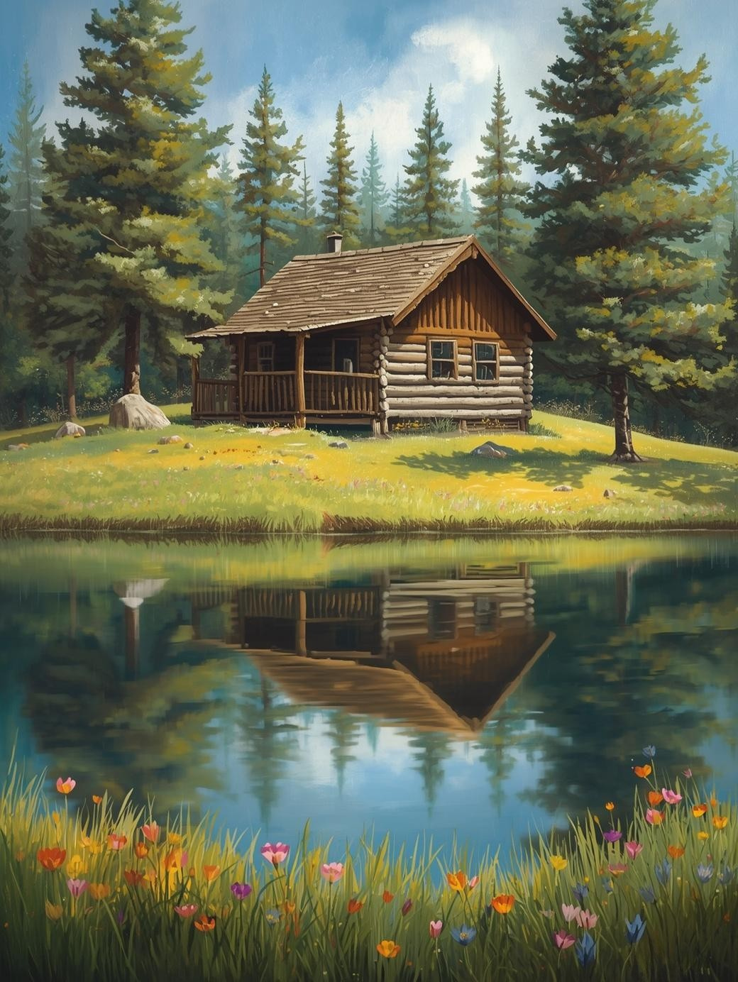 Paint by Number Cozy Mountain Cabin Reflection - Paint by Number Kit for Adults