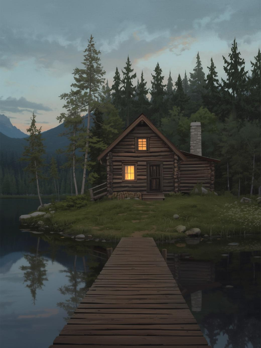 Paint by Number Rustic Mountain Cabin at Dusk - DIY Canvas Paint by Number Kit