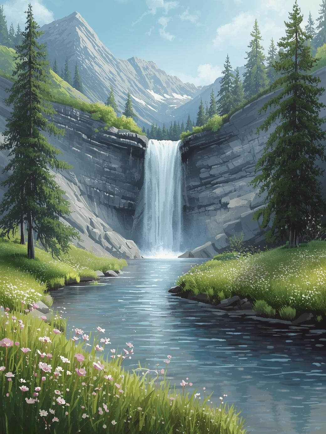 Paint by Number Mountain Waterfall Meadow - Paint by Number Kit for Adults
