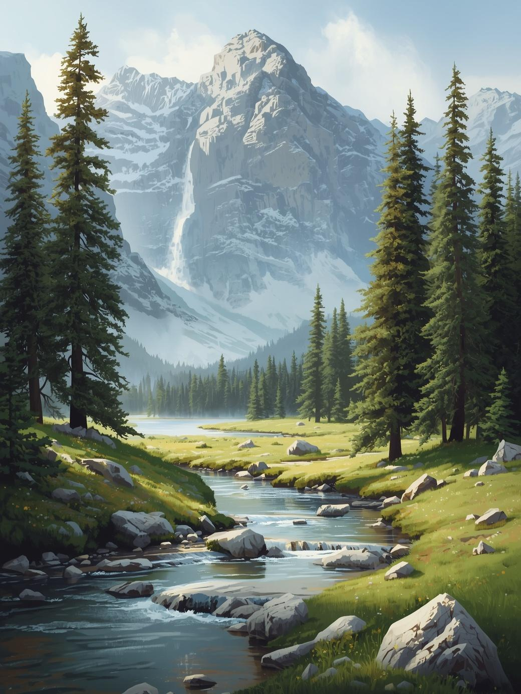 Paint by Number Pine Tree Mountain River with Waterfall  - DIY Canvas Paint by Number Kit