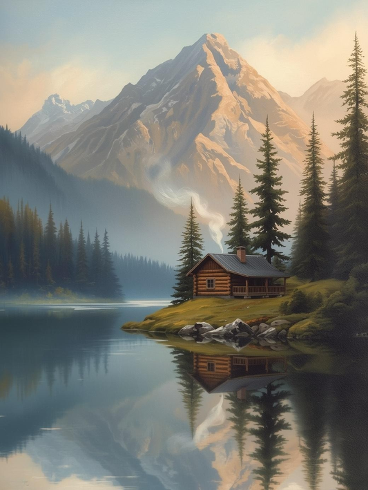 Paint by Number Mountain Cabin Lake Reflection - DIY Paint by Number Kit