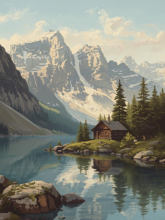 Paint by Number Alpine Lake Cabin Retreat - DIY Canvas Paint by Number Kit