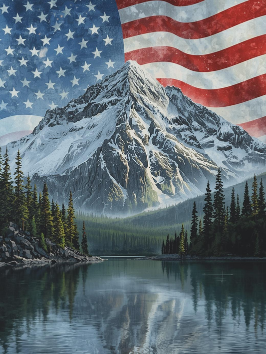 Paint by Number American Flag Over a Mountain Lake Landscape - DIY Canvas Paint by Number Kit