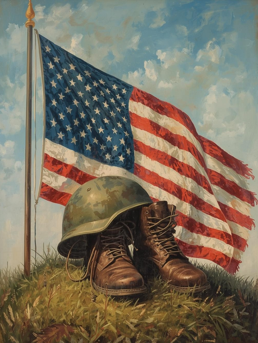 Paint by Number Military Boots and Helmet in Front of an American Flag - DIY Paint by Number Kit