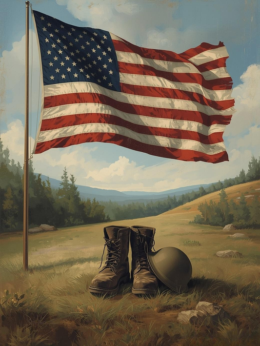 Paint by Number Waving American Flag with Military Boots in an Open Field - Paint by Number Kit for Adults
